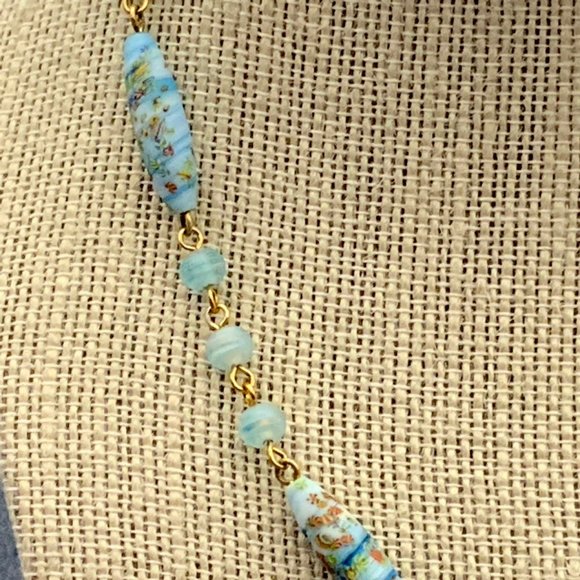 Gold Blue Millifleur Necklace Multicolor Swirled Flower - Picture 3 of 8